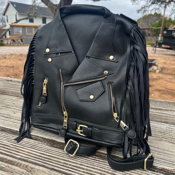 Moto Jacket Backpack Black Faux Leather Fringe Biker Punk Goth Alt Festival Bag main image 14